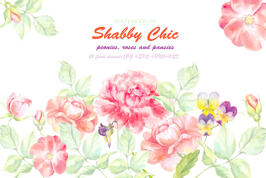 Watercolor pink flowers set in Illustrations - product preview 8