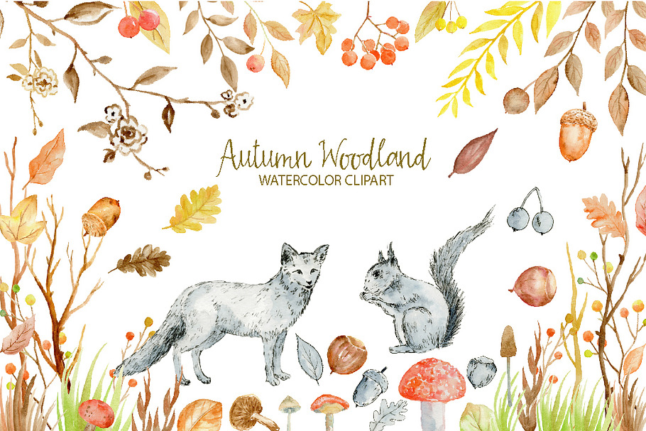 Watercolor Clipart Autumn Woodland in Illustrations - product preview 8