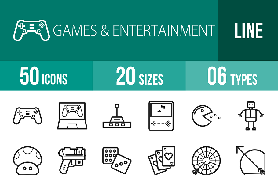 50 Games & Entertainment Line Icons