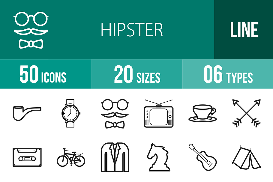 50 Hipster Line Icons in Graphics - product preview 8