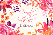 Coral Floral watercolor clip art set