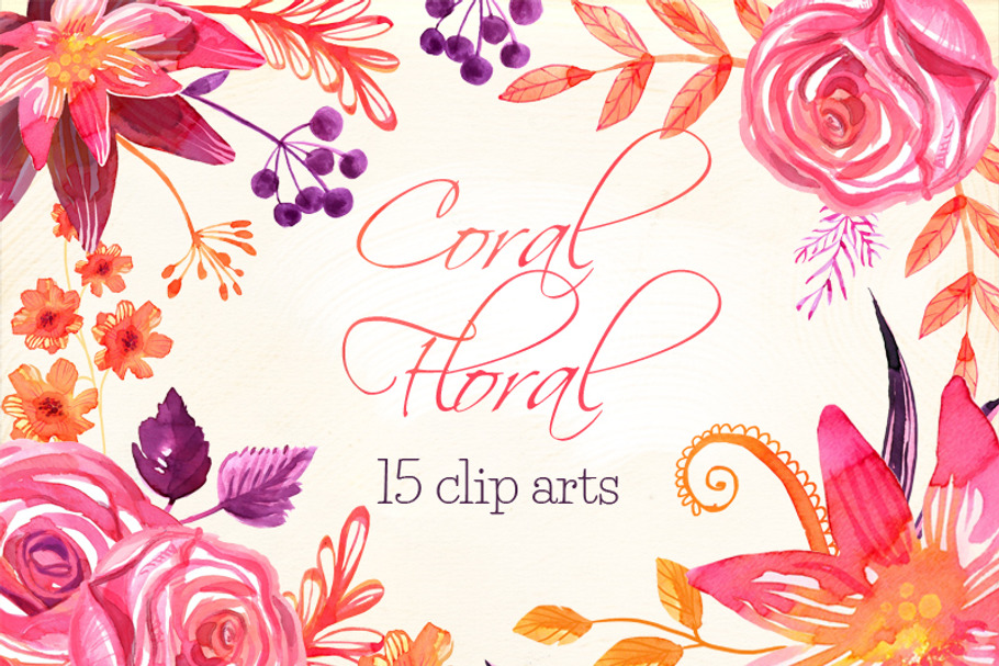 Coral Floral watercolor clip art set in Illustrations - product preview 8