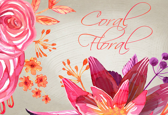 Coral Floral watercolor clip art set in Illustrations - product preview 4