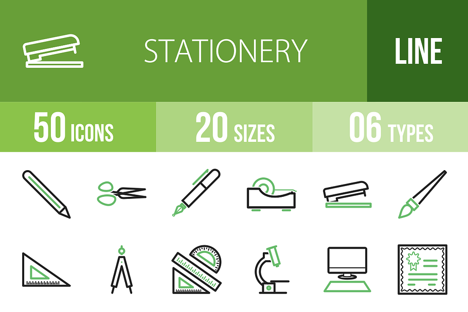 50 Stationery Line Green&Black Icons
