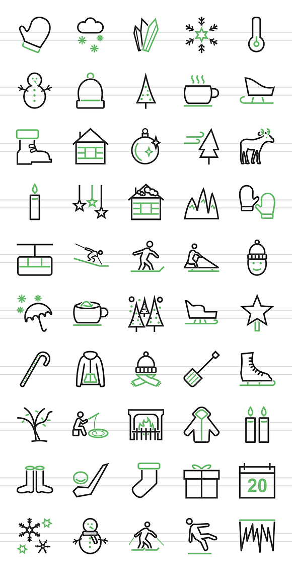50 Winter Line Green & Black Icons in Graphics - product preview 1