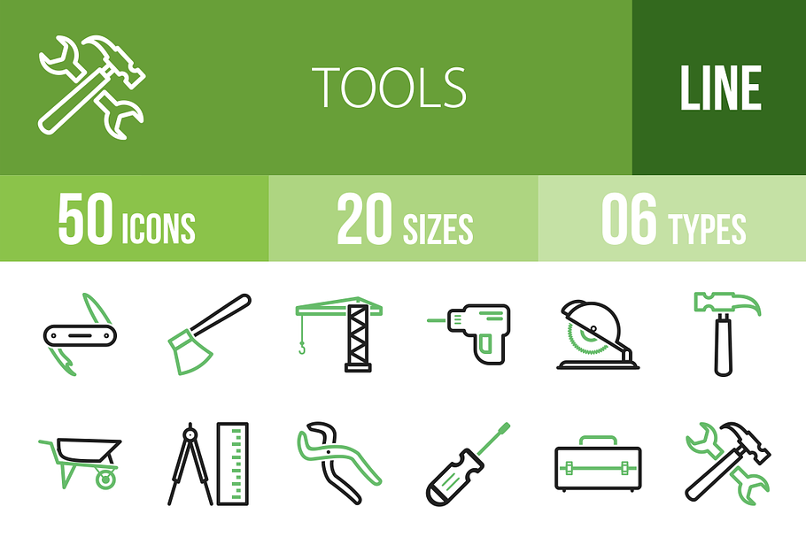 50 Tools Line Green & Black Icons