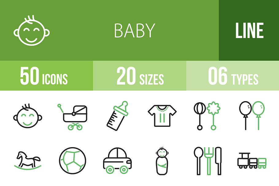 50 Baby Line Green & Black Icons in Graphics - product preview 8