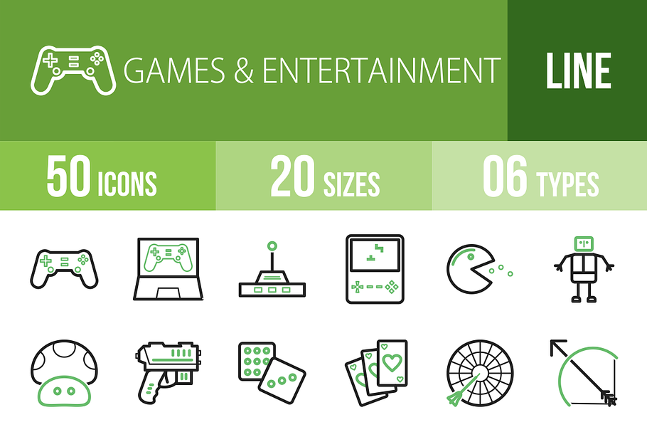 50 Games Line Green & Black Icons