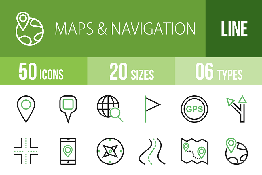 50 Maps Line Green & Black Icons
