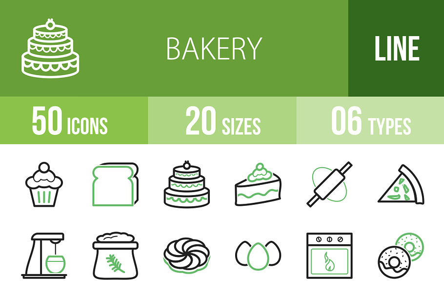 50 Bakery Line Green & Black Icons