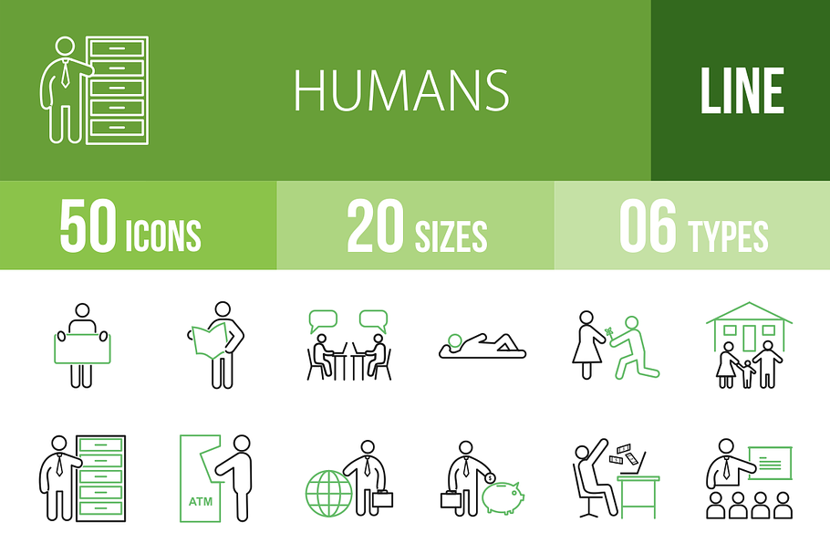 50 Humans Line Green & Black Icons