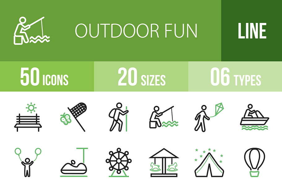 50 Outdoor Fun Green & Black Icons