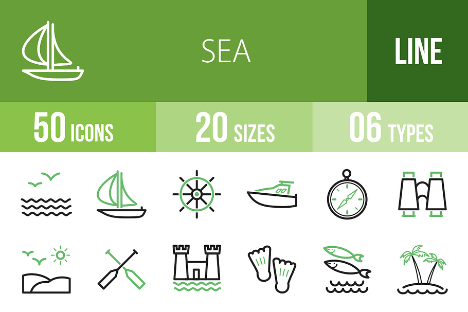 50 Sea Line Green & Black Icons