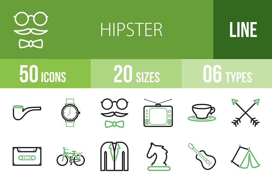 50 Hipster Line Green & Black Icons