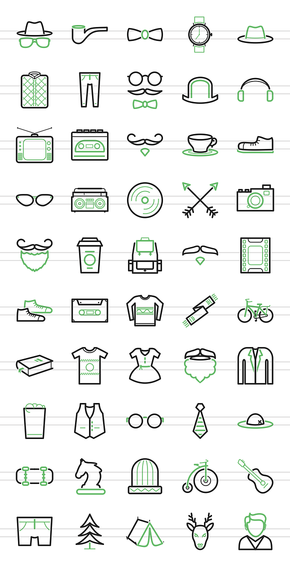 50 Hipster Line Green & Black Icons in Graphics - product preview 1