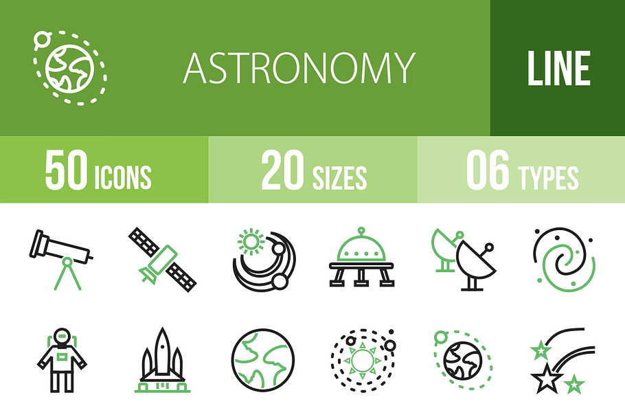 50 Astronomy Line Green&Black Icons