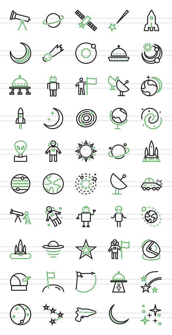 50 Astronomy Line Green&Black Icons in Graphics - product preview 1