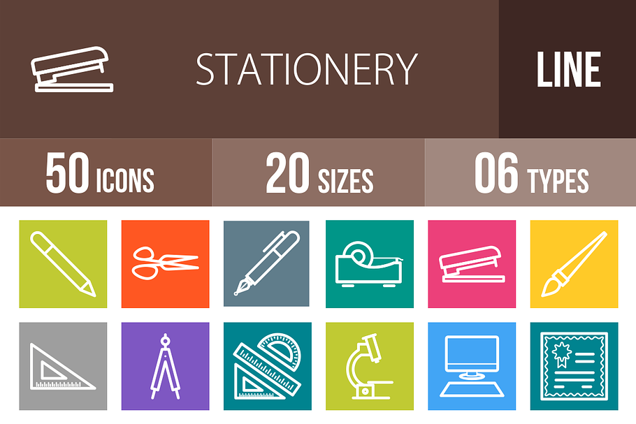 50 Stationery Line Multicolor Icons