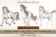 Big set of hand drawn horses