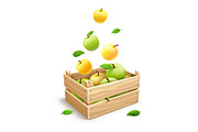 Apple fruits falling into wooden box