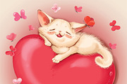 Cat lying on a red pillow - heart.