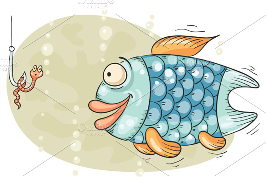 Hungry fish and the worm on hook in Illustrations - product preview 8