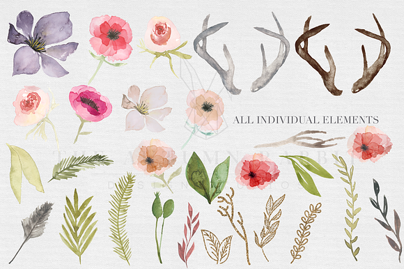 Antlers & flowers Watercolor Clipart in Illustrations - product preview 2