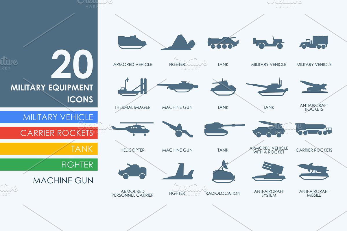 20 military equipment icons in Objects - product preview 8