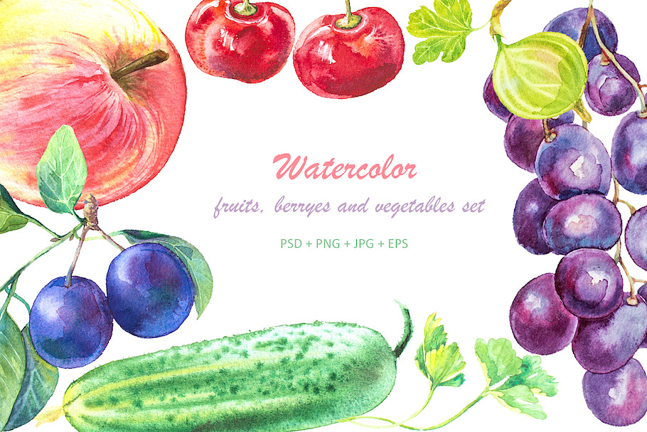 Watercolor fruits and vegetables set in Illustrations - product preview 8