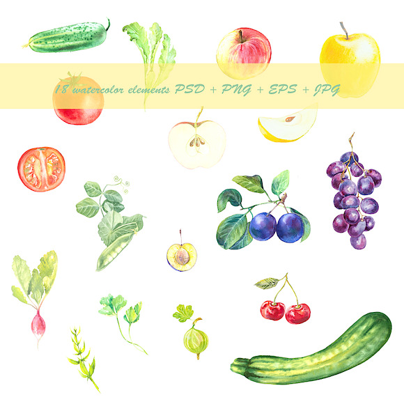 Watercolor fruits and vegetables set in Illustrations - product preview 1