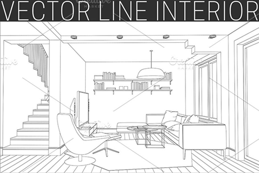 Line drawing of the living room. in Illustrations - product preview 8