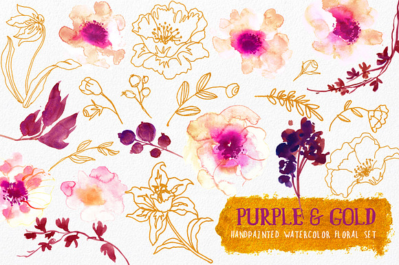 Purple & Gold - Watercolor Floral in Illustrations - product preview 2