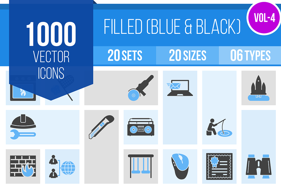 1000 Filled Blue & Black Icons (V4)