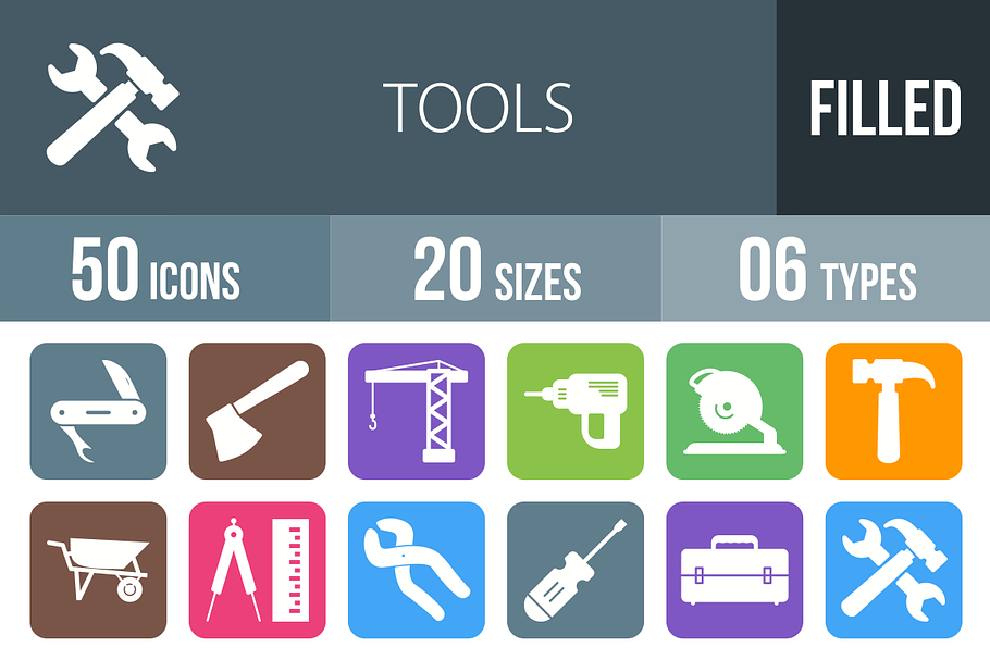 50 Tools Flat Round Corner Icons