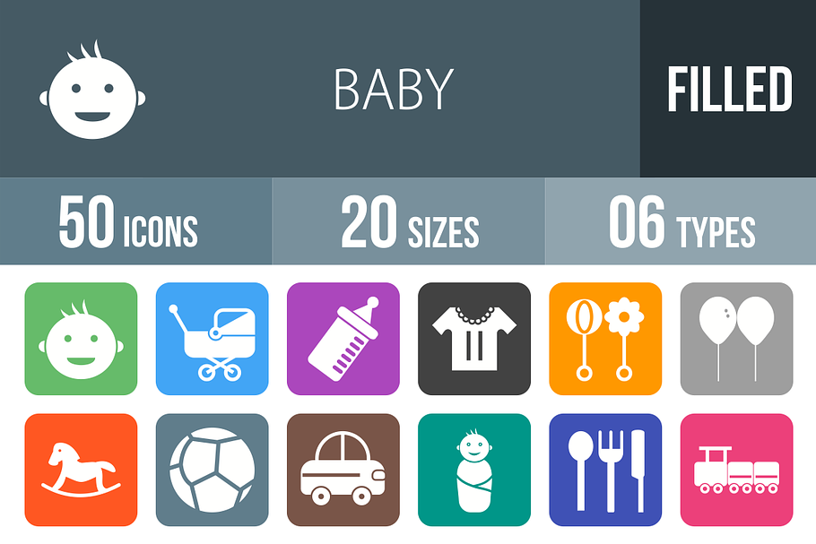 50 Baby Flat Round Corner Icons