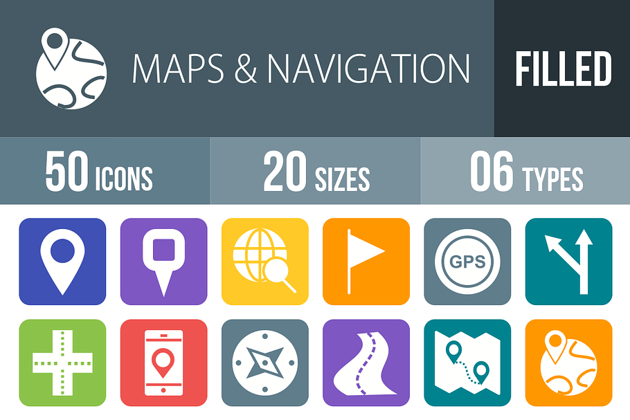 50 Maps Flat Round Corner Icons