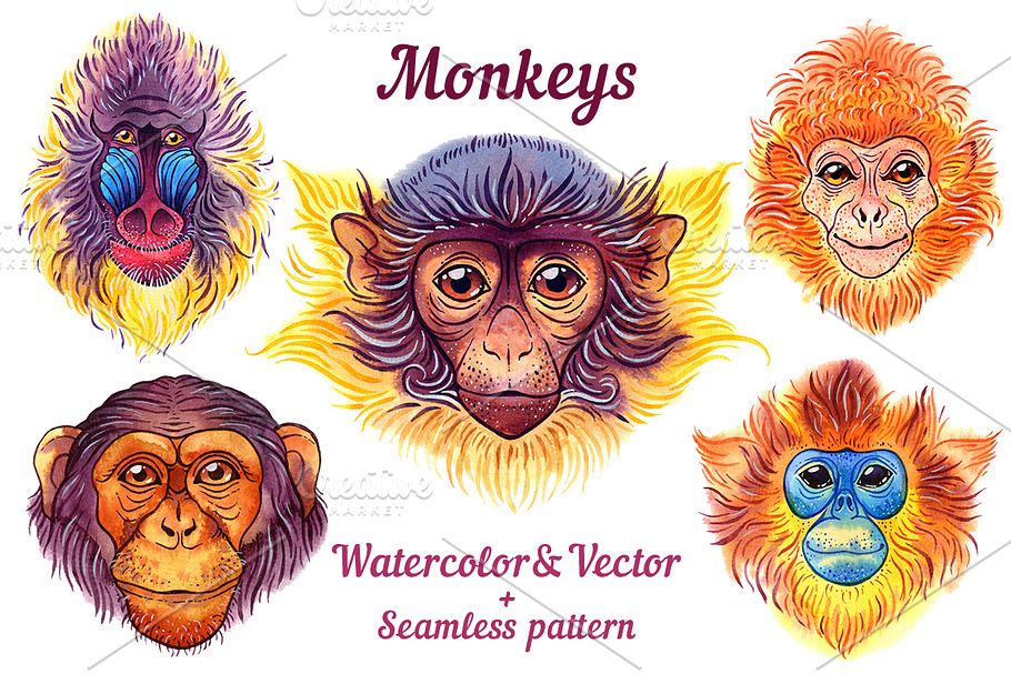 Watercolor monkeys in Illustrations - product preview 8