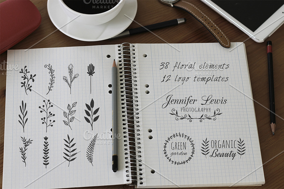 Hand-drawn floral elements and logos
