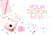 Pink Camera + Confetti Styled Photo