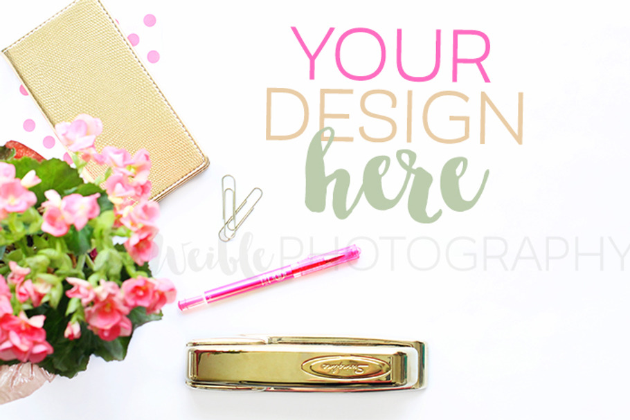 Pink Flowers + Gold Stationery Photo in Product Mockups - product preview 8