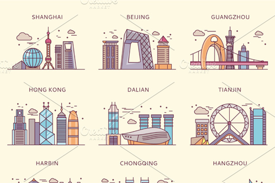 Icons Chinese Major Cities Flat Styl