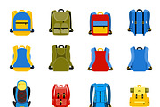 Travel backpack, school bag icons