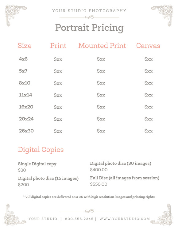Photography Price Sheet Template PSD in Templates - product preview 1