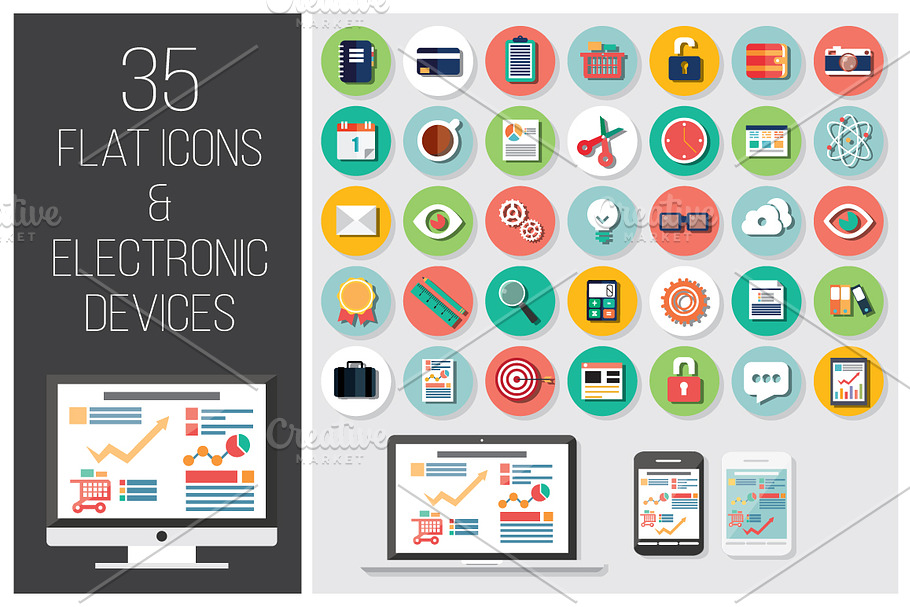 35 Flat Icons + 4 Electronic Devices