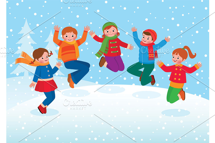 Children jumping and playing winter in Illustrations - product preview 8