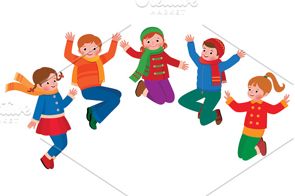 Children jumping and playing winter in Illustrations - product preview 1
