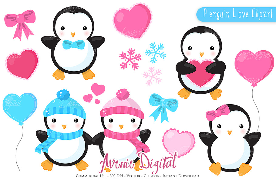 Penguin Valentines day ClipArt + eps