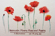 Watercolor Flowers Roses and Poppies