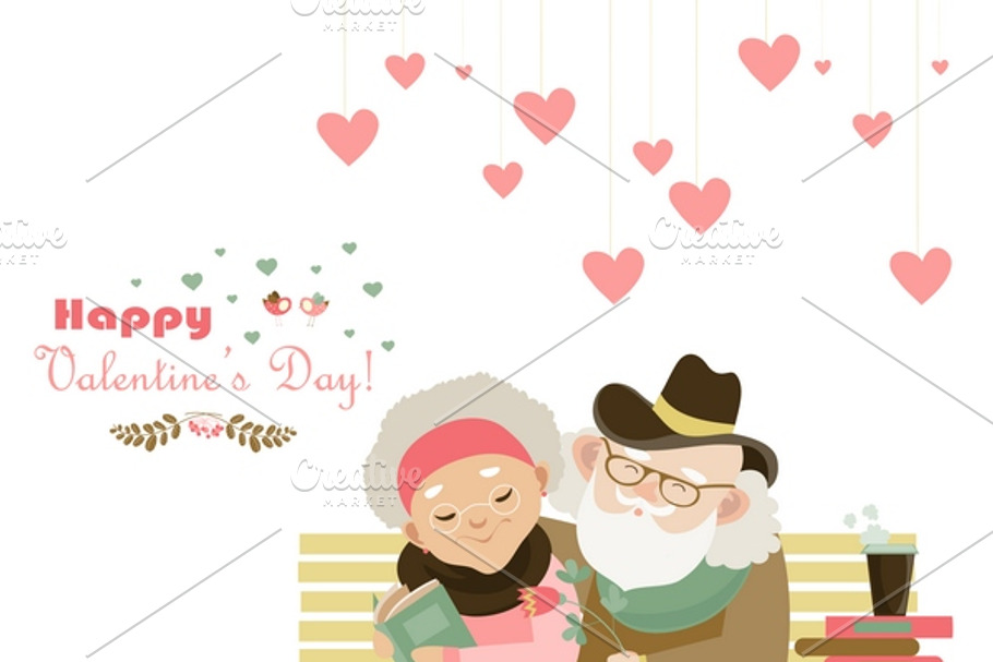 Old couple in love sitting on bench in Illustrations - product preview 8