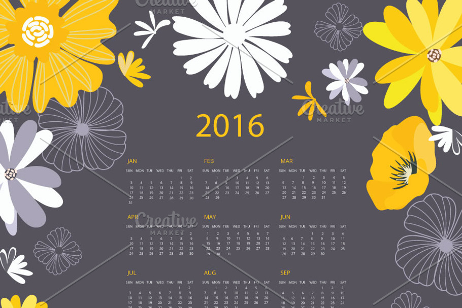2016 YellowBlack Floral Calendar I in Card Templates - product preview 8